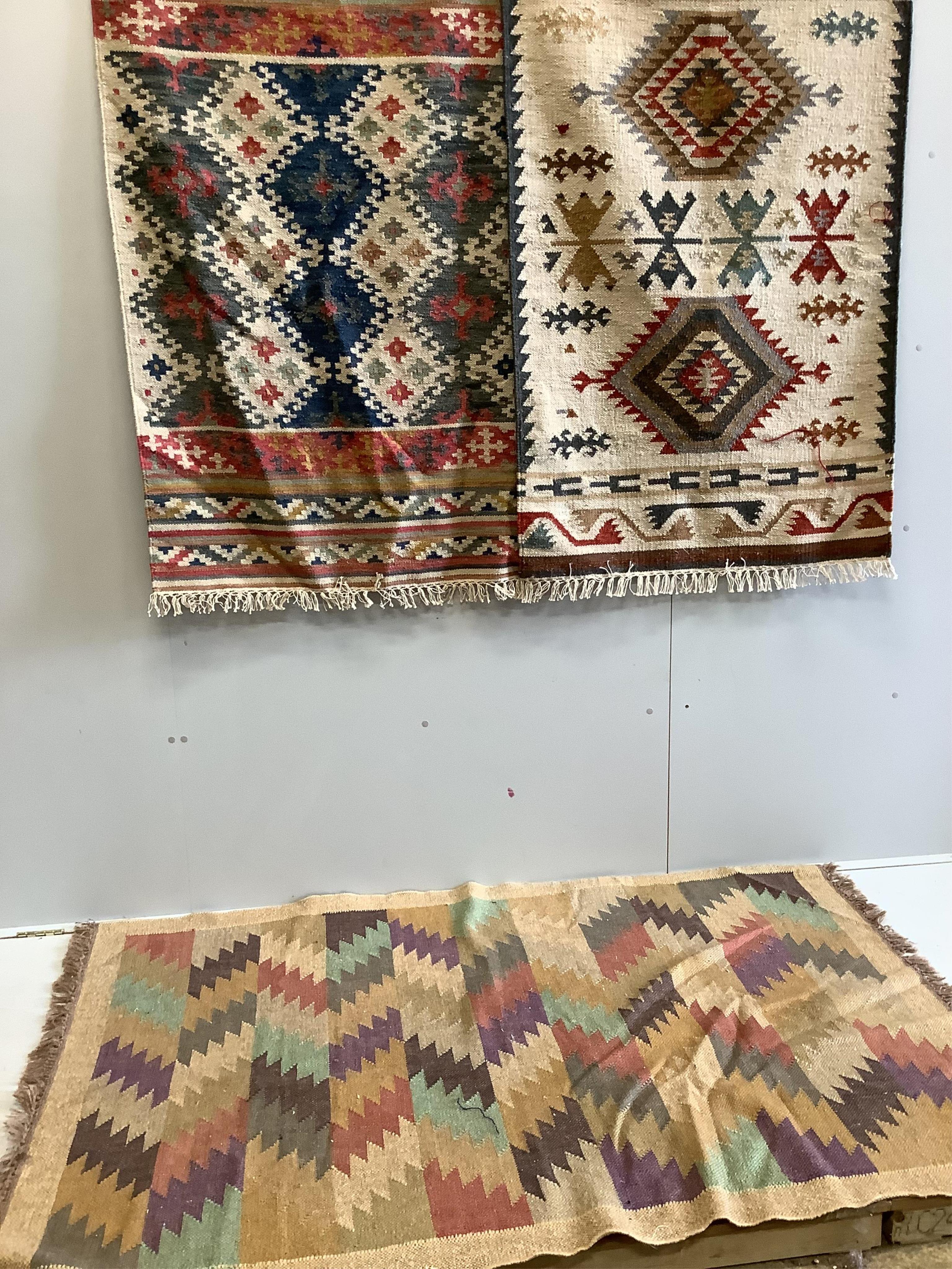 Three modern Indian Kilim rugs, largest 180 x 120cm. Condition - good